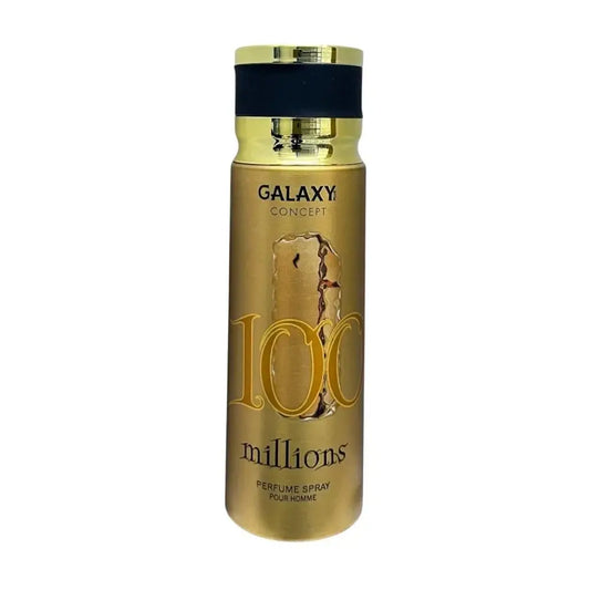 Goudkleurige cilindervormige bodyspray voor hem met zwartgouden dop galaxy plus concept 100 millions pour homme