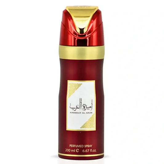 Een elegante rode en gouden ameerat al arab bodyspray deo voor haar van ard al zaafaran met metallic dop en arabische tekst