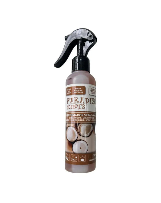 Auto parfum kokosnoot geur van Paradise Scents met zwarte spuitdop en doorzichtige sprayfles