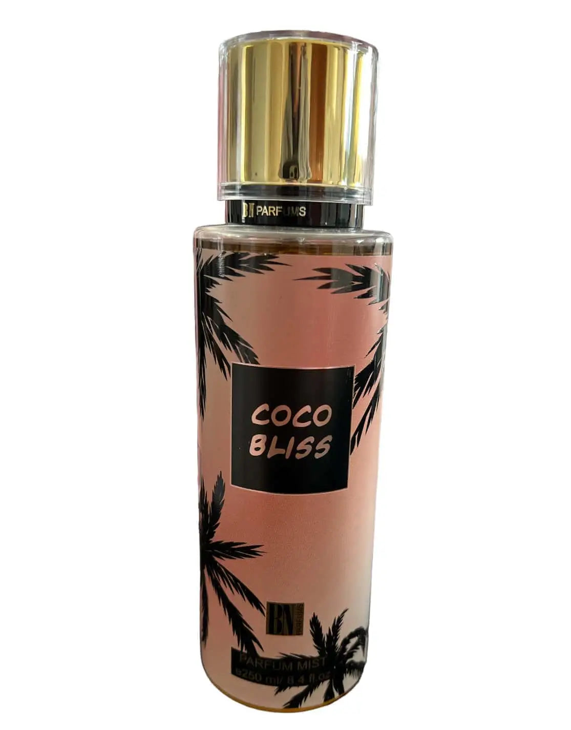 Lichte roze cilindervormige coco bliss body mist fles met zwarte palmboom ontwerpen en gouden dop van parfums