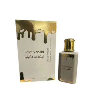 Eclat vanilla eau de parfum voor haar van fc in een slanke zilveren fles met gouden accenten en dripdesign verpakking