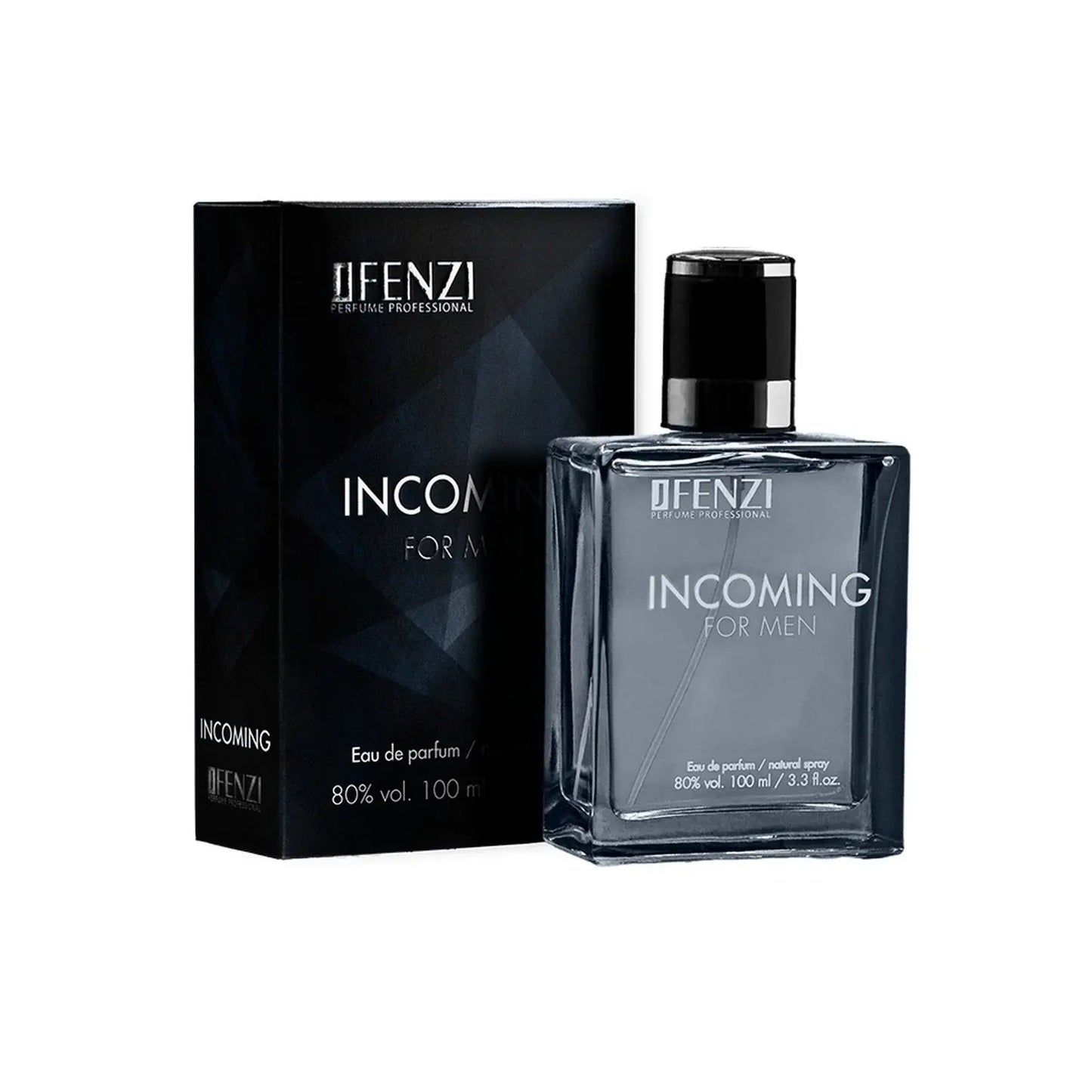 Een slanke transparante glazen fles incoming for him eau de parfum van jfenzi met zwarte dop en zilveren band