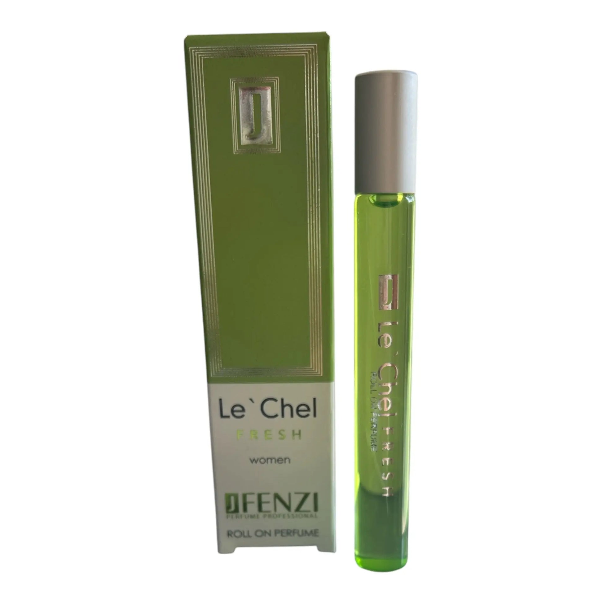Groene glazen roll-on parfumfles met zilveren dop en gouden letters gebrandmerkt le chel fresh door ofenzi voor haar