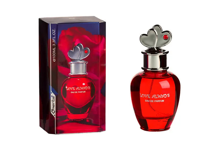 Rood glazen parfumflesje love always voor haar door omerta met zilveren hartvormige dop en rode edelsteen