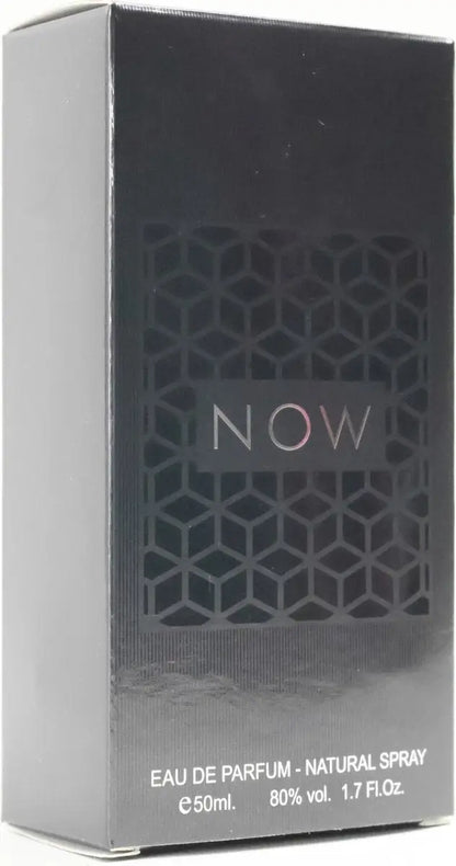 Zwart rechthoekig eau de parfum spray met subtiel geometrisch patroon en zilveren now lettering van ard al zaafaran